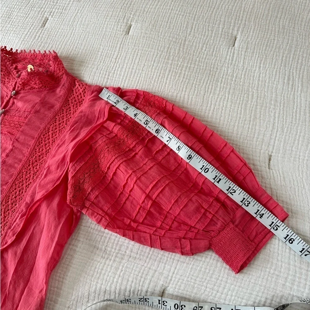 Free People One 100% Cotton Hot Pink Puff Sleeve Blouse XS NEW NWOT